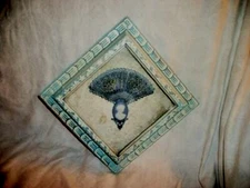 Cottagecore Shadow Box Picture Blue Filigree Fan Cameo Velvet Carved Wood 1960s