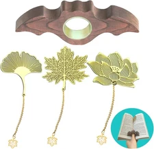 4 Pieces Bookmarks，Handmade Thumb Wooden Walnut Book Page Large, Brown, Gold 