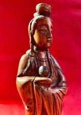 WOODEN HAND-CARVED QUAN YIN STATUE GUAN KWAN YIN BUDDHISM 9 1/2 INCHES TALL