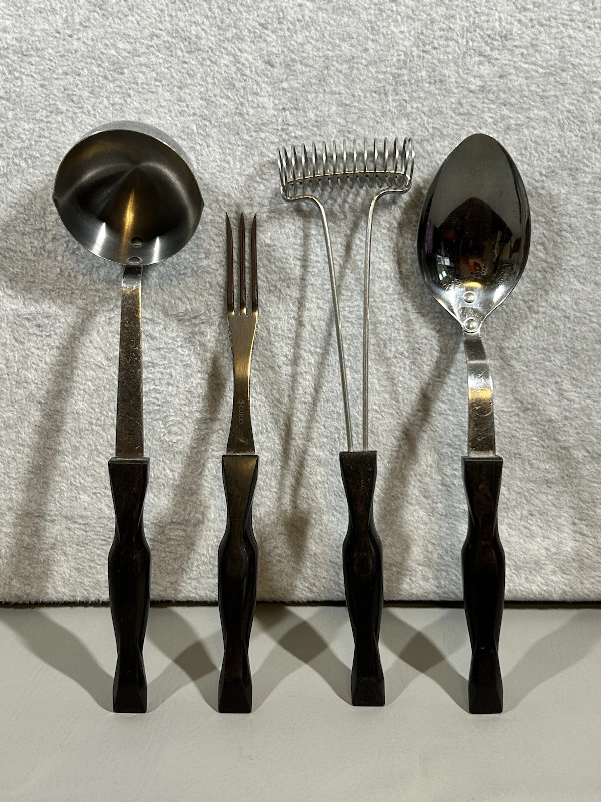 Cutco Utensils Lot Of 4 Brown Swirl Handles-Whisk-Serving Spoon-Ladle-Fork