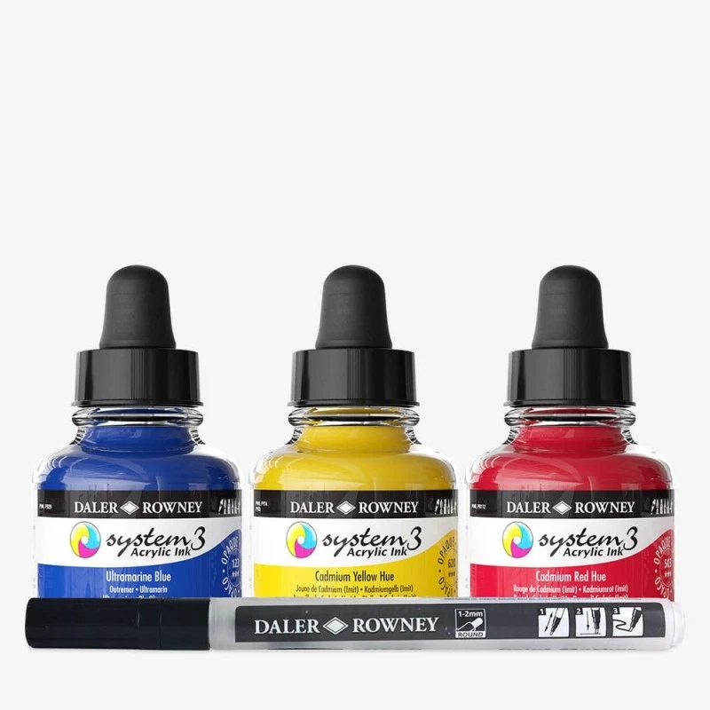 Encres acrylique - 3 flacons 29,5ml + 1 marqueur - Couleurs primaires -  Daler R - Photo 3/4