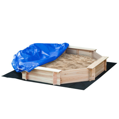 Kinder Holz Sandkasten Naturholz 139,5x139,5x21,5cm Polyester Bezug 4Sitze