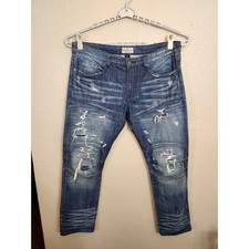Rivet De Cru Mens 40x32 Blue Moto Biker Fit Tapered Distressed Jeans