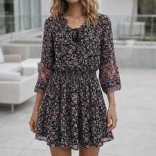 DEX Boho Mini Dress Small Ditsy Floral Festival Bohemian Lined Smocked 