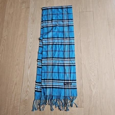 100% Cashmere Scarf Turquoise B&W Plaid Tartan Fringe Made in Scotland Lux EUC
