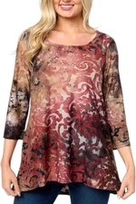 Nina Leonard Women's 3/4-Sleeve Burnout Knit Top Black/Chocolate Multi