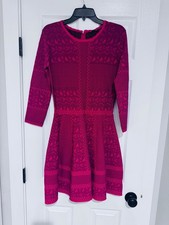 Gianni Bini Magenta and Black Patterned Long Sleeve Fit-and-Flare Dress Size L