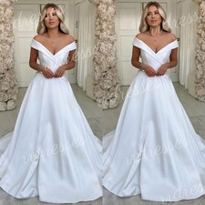 White Ivory Wedding Dresses Summer Simple V Neck Satin Lace-up Bridal Gowns