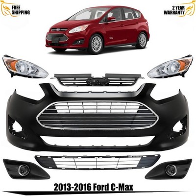 Front Bumper Cover Primed Plastic & Headlights Kit For 2013-2016 Ford C-Max