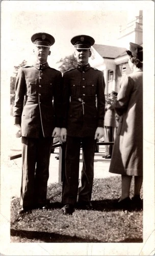 Vtg 1940s Photo Two Young Men in Military Uniforms Cadets Portrait WW2 Era