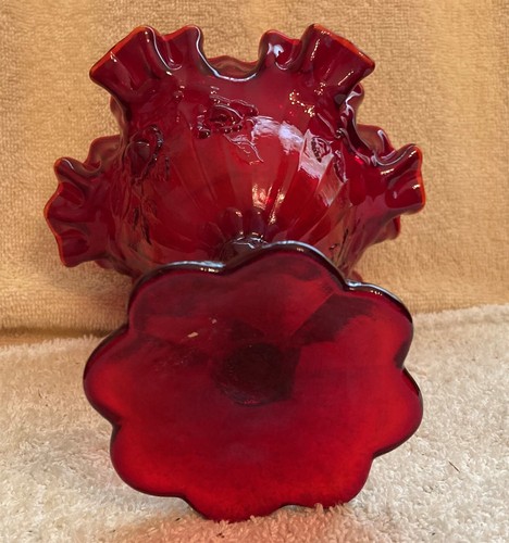 Vintage Fenton Glass Ruffled Crimped Ruby Red Cabbage Roses Compote 6 1/2 Inches - Picture 8 of 9