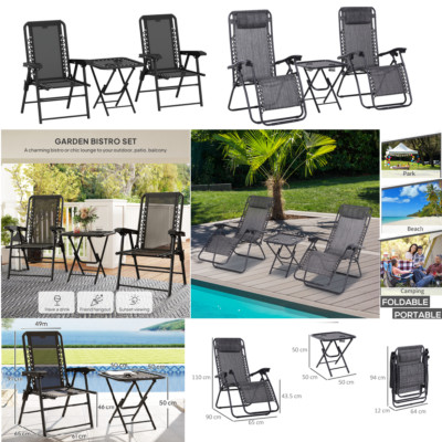 3tlg. Zero Gravity, Garten Bistro Stühle Tisch Set für Beach Champing Garten Park