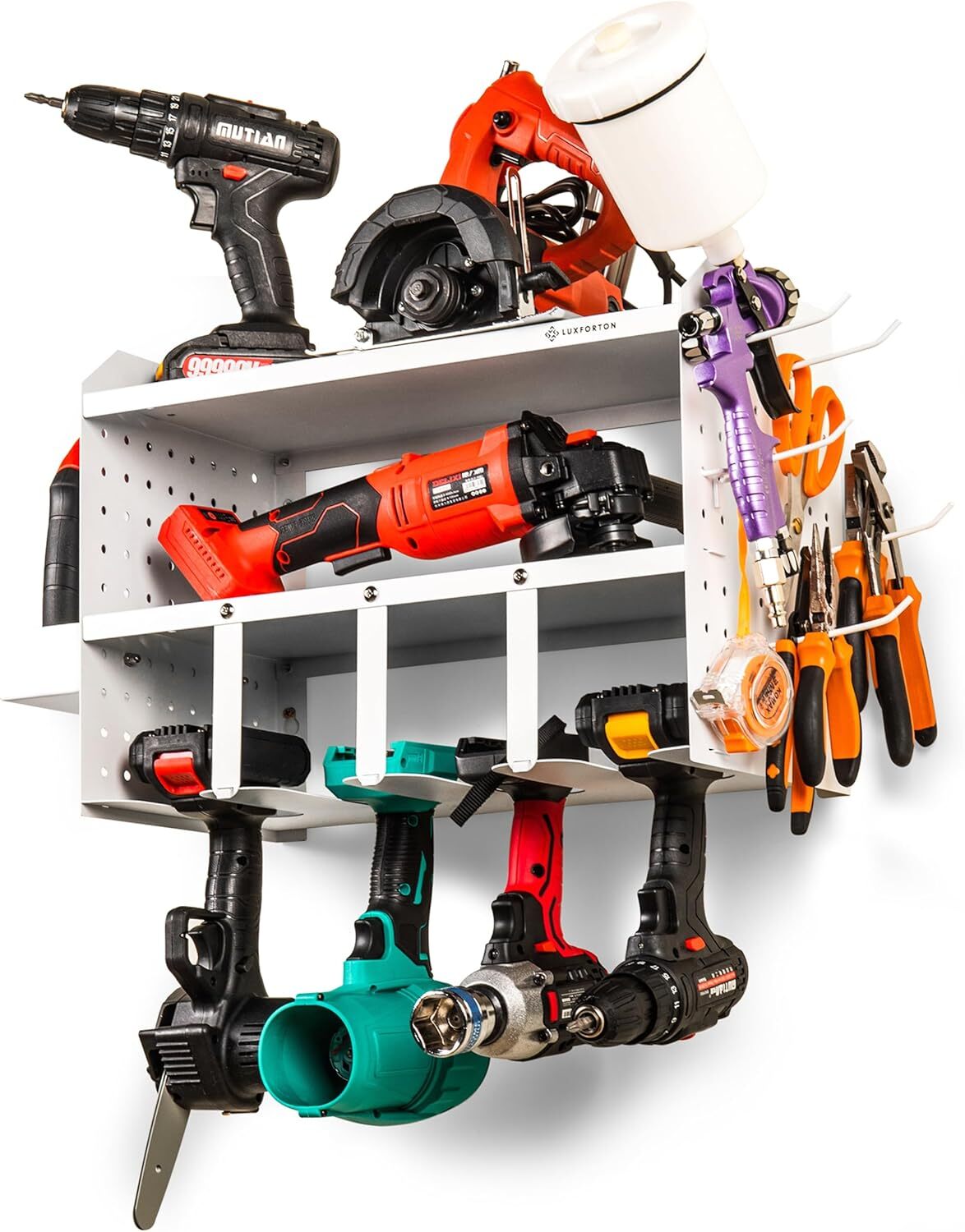 3-Layer Modular Wall Mount Power Tool Organizer with 4 Drill Holders