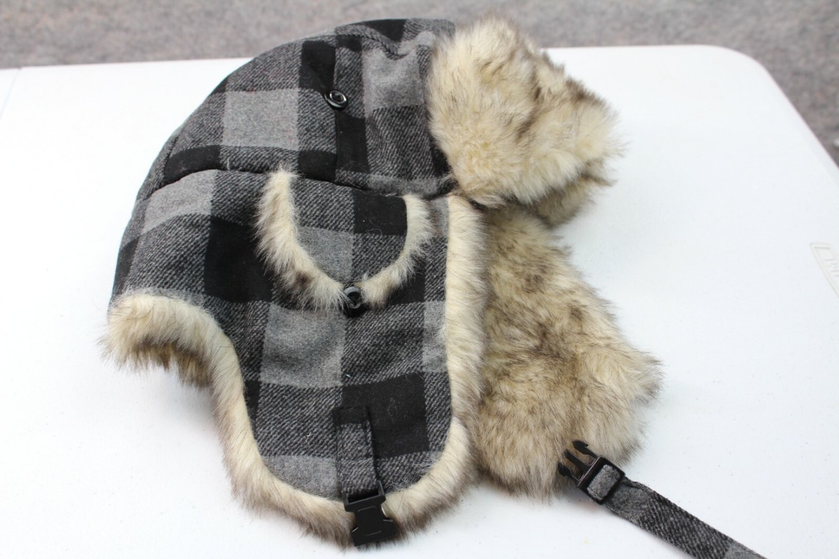 Trapper Hat Faux Fur Black Gray Wool Blend Ear Flaps Buffalo 