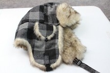 Trapper Hat Faux Fur Black Gray Wool Blend Ear Flaps Buffalo Check Winter Warm