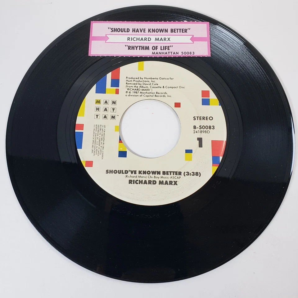 Richard Marx "Should've Known Better" 45 Vg+ Tested Picture Sleeve Jukebox Title - Image 2 of 4