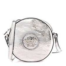 VERSACE La Medusa Round Disco Camera Leather Crossbody Bag Small Metallic Silver