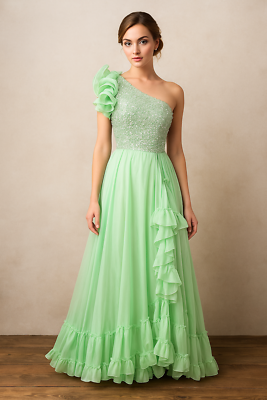 Seafoam One Shoulder Ruffle Maxi Dress Gem Bodice Open Back Size 2 | eBay