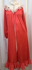 Vintage Peignoir Red Nylon Pearl Rose High Neck Open Dressing Gown Lingerie Sz M
