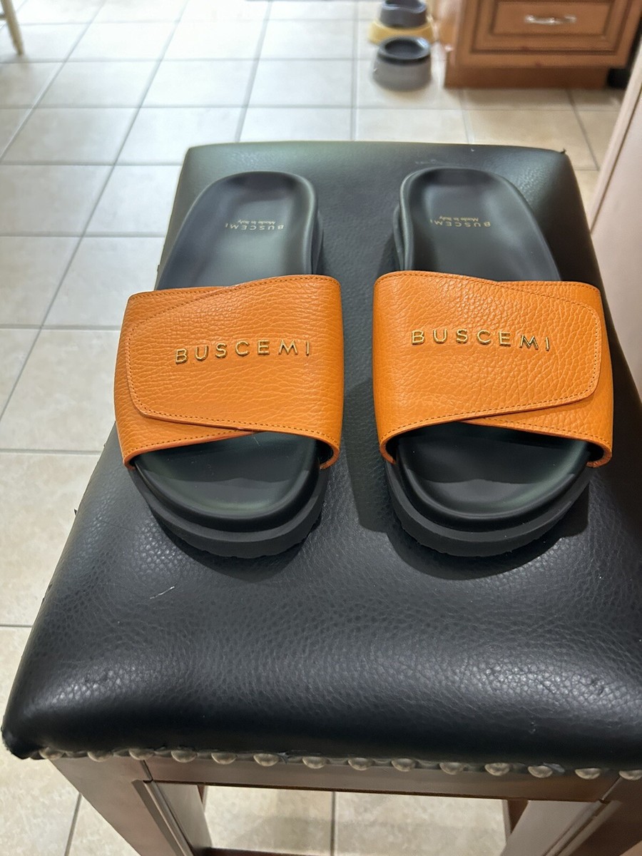 BUSCEMI Mens Scratch Spellout Logo Slides Sandals Orange (MSRP $375) Size 39 BUSCEMI Mens Scratch Spellout Logo Slides Sandals Orange  main image 2