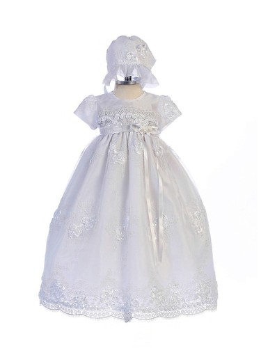 Exquisite Lace Detail Baby Girl Christening Dress Hat Set, Crayon Kids USA BC238 - Afbeelding 1 van 5