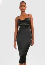 Satin Cowl Neck Lace Back Tie Midi Dress - UK Size 10 - BOOHOO (NAANAA)