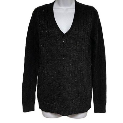 Ann Taylor LOFT Black Cable Knit Sequin V-Neck Sweater Wool Rabbit Hair Small