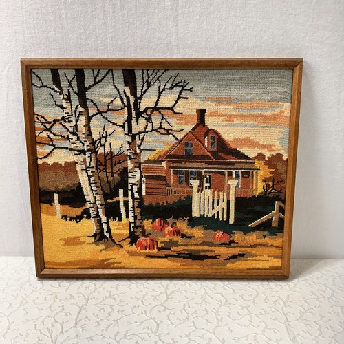 Needlepoint Framed Art Vintage Fall Country Cottage Hand Stitched Wall Decor - Picture 1 of 11