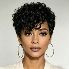 Black 1B Curly Pixie Cut Human Hair Wig for Women Short Layered Style with Bangs