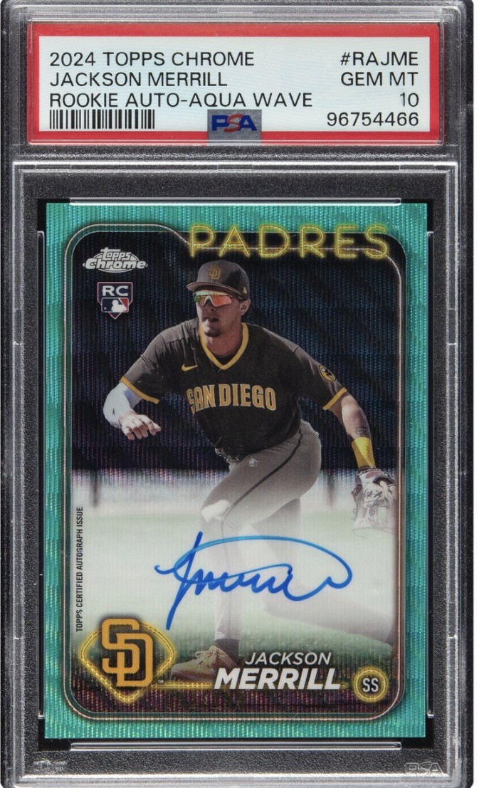 2024 Topps Chrome Rookie Auto Aqua Wave /199 #RA-JME Jackson Merrill PSA 10