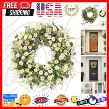 White Daisy Wreath 24 Inch with Fake Silk Floral Green Eucalyptus Leaves and ...