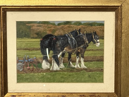 Hermosa pintura al óleo vintage de caballos de la comarca arando un campo por D B Smith ❤️ - Imagen 4 de 12
