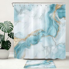 Modern Aesthetic Blue and Gold Marble Shower Curtain Set for Bathroom Decor