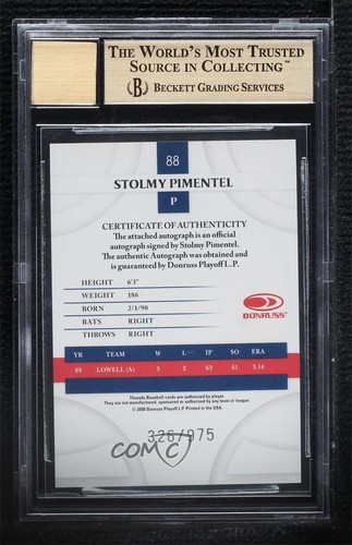 2008 Donruss Threads Gold Signatures Stolmy Pimentel BGS 9.5 GEM MINT Auto 0l2 - Afbeelding 2 van 3