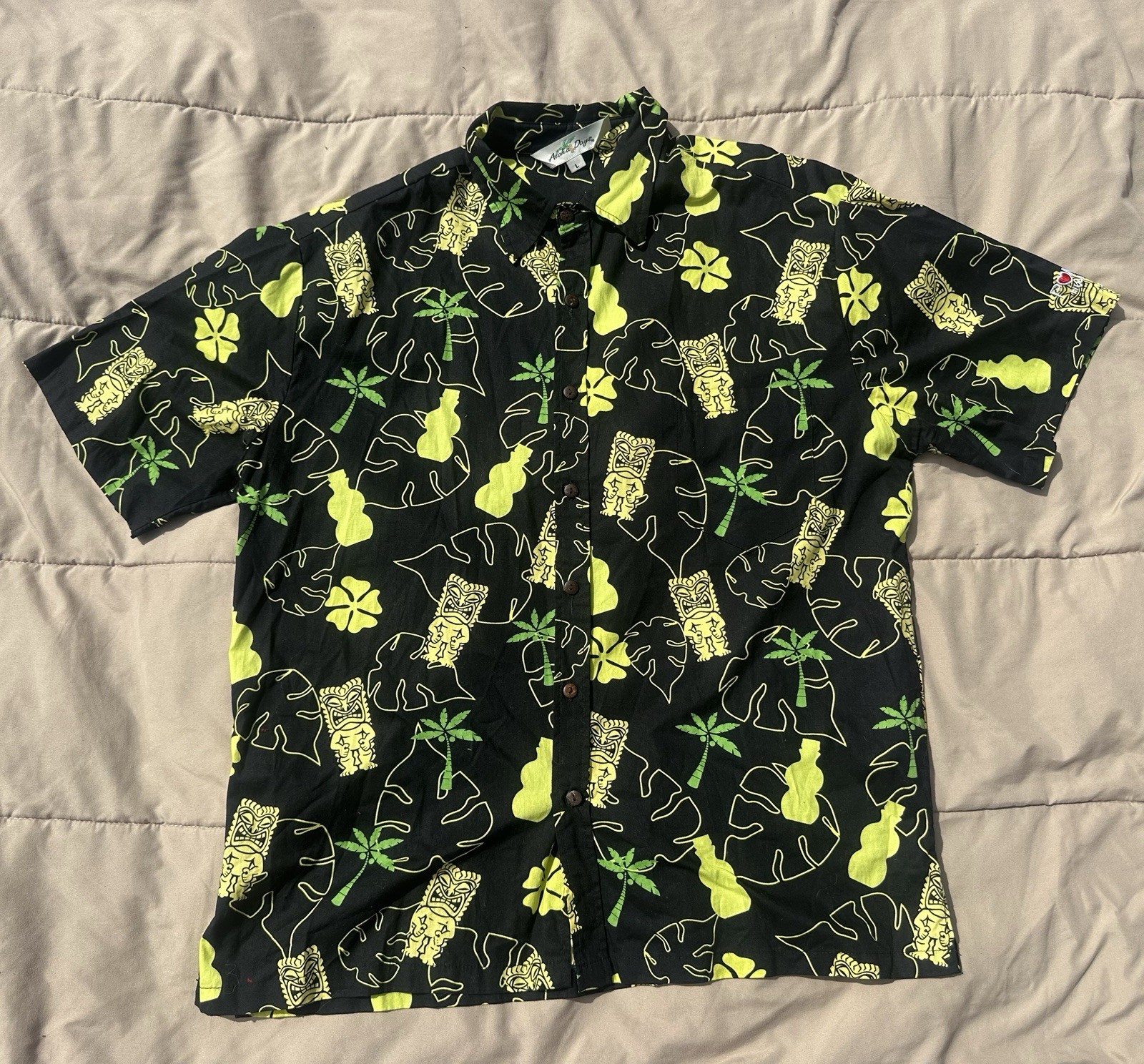 Vintage Aloha Days Hawaiian Shirt Mens Large Black Tiki Print Button Up Retro