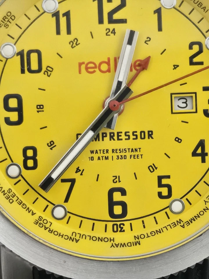 Reloj de cuarzo para hombre Redline Compressor hora mundial esfera amarilla batería nueva raro Foto 2 de 4