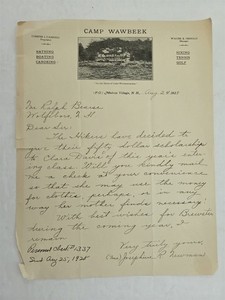 1928 antique CAMP WAWBEEK melvin village nh LETTER scholarship Clara D. Newman