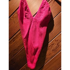 Red Ribbed Textured Bodysuit Lace V Neck High Cut Sleeveless Top