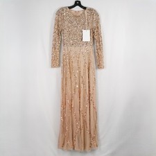Mac Duggal Long Sleeve Diamond Pattern Beaded Gown In Beige Women's Size US 2