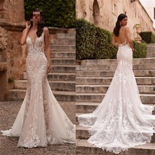 Mermaid Sequin Lace Wedding Gowns Pearls Scoop Neck Applique Sweep Train Bridal