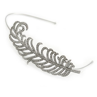 Braut/Hochzeit/Abschlussball rhodiniert klar Kristall Feder Diadem Stirnband