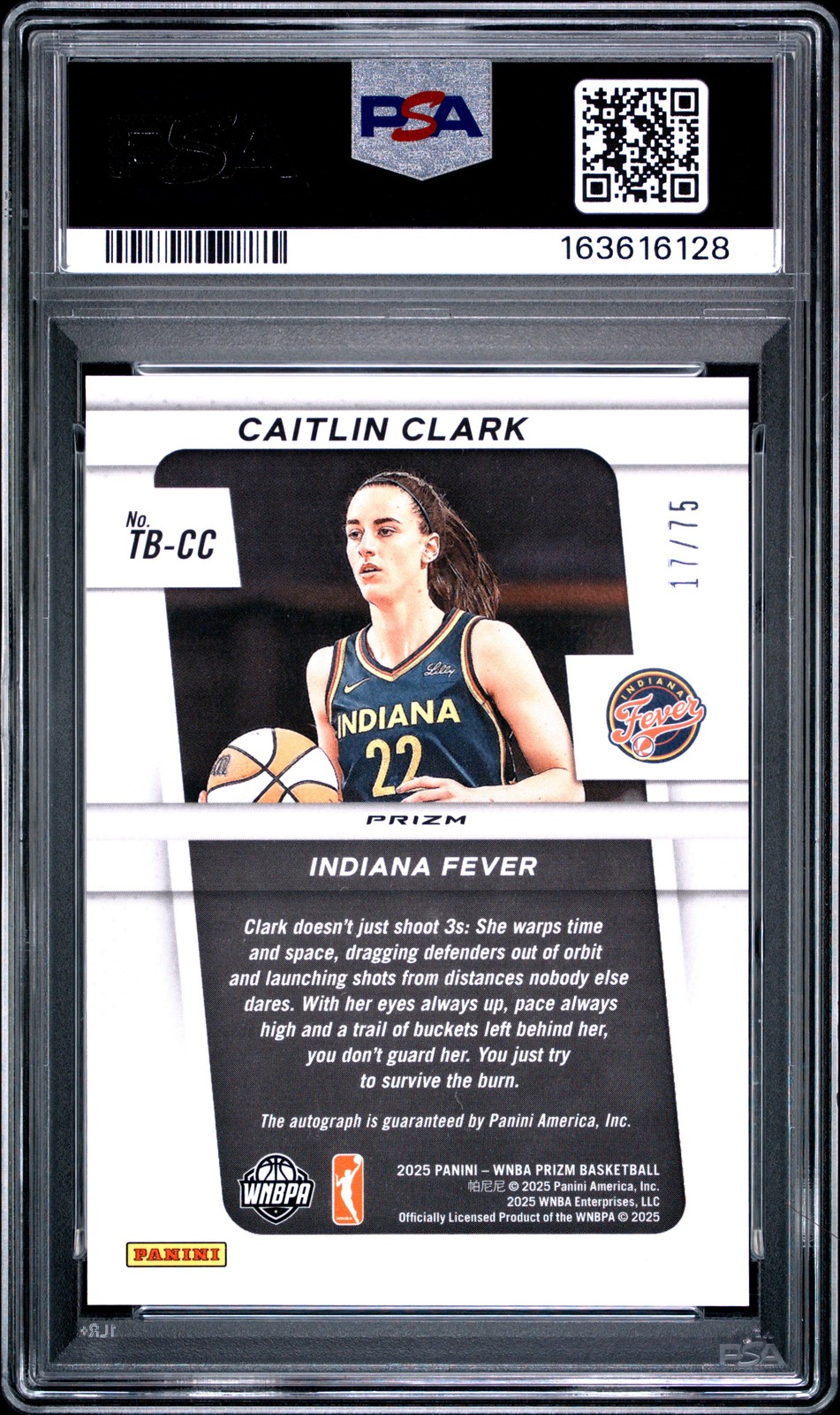 2025 PANINI PRIZM WNBA THROWBACK SIGNATURES CAITLIN CLARK 17/75 PSA 10 AUTO view 2