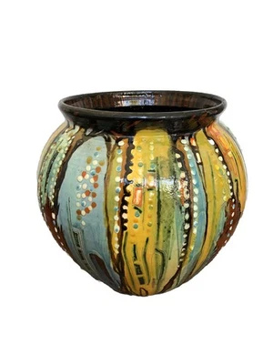 Cache pot terre cuite vernissé coloré - Poterie espagnole vintage - signé - Photo 1/4
