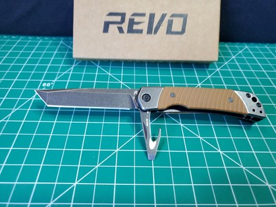 Revo Duo Tanto W Brown G-10 & 9CR18MOV Folding Poket Knife W/ Strap Cutter
