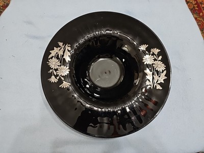 L.E. Smith Black Glass Console Bowl Centerpiece Sterling Silver Overlay Daisies