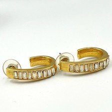 Vintage Gold Tone Clear Baguette Crystal Rhinestone Channel Hoop Earrings Boho