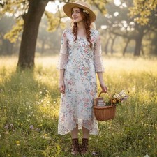 Reba Floral Embroidered Mesh Midi Dress Cream V-Neck Bell Sleeve Cottagecore M