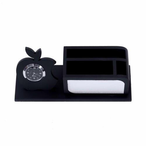 Handmade Wooden Pen Stand with Clock Card Holder Black & Silver Best Gift  - Picture 1 of 4
