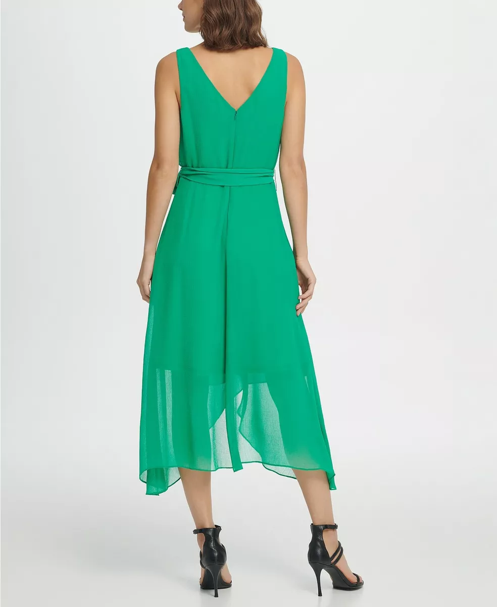 DKNY Green Textured Chiffon Ruffle V Neck Tie Belt Handkerchief