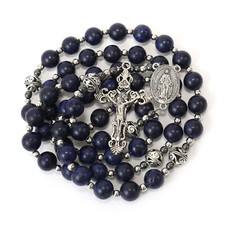 Lapis Lazuli Blue Beads Rosary Necklace Miraculous Medal with Silver Crucifix